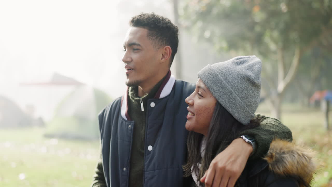Hiking, hug and couple with freedom in nature