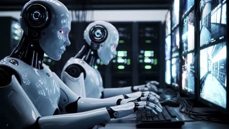 futuristic robots analyzing data in a high-tech environment, interacting with multiple monitors displaying complex information and virtual interfaces