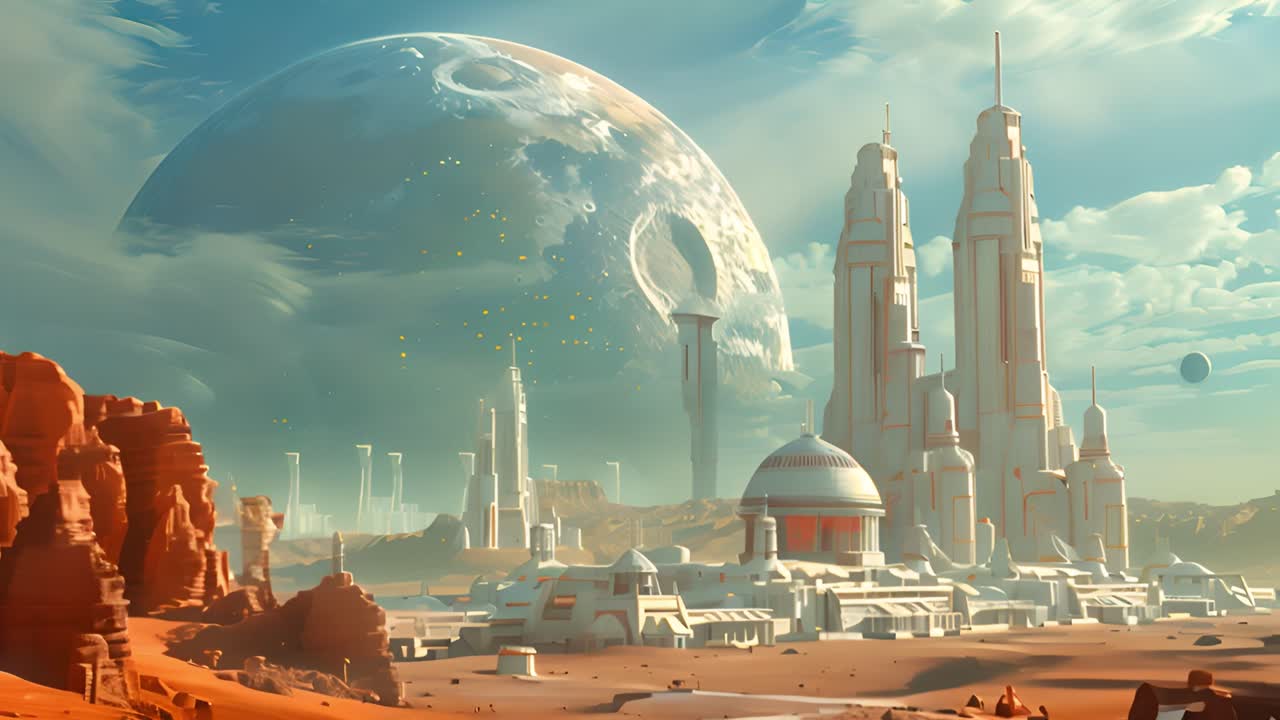 Futuristic Desert City Beneath a Colossal Alien World