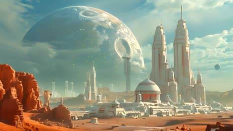 futuristic desert city beneath a colossal alien world