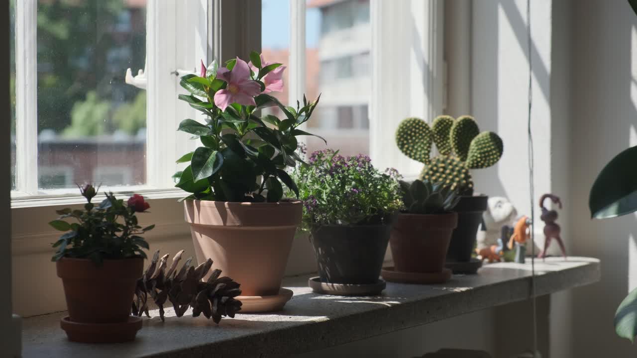 Female hands putting potted flower on windowsill at home