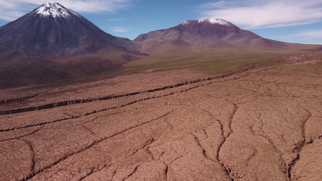 Aerial view of snow capped Licancabur Volcano at the Chile–Bolivia border. Cracked desert ground, volcanic slopes, and dramatic textures of the Andean plateau.