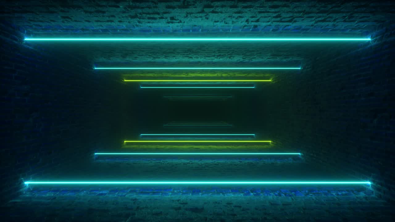 volando a través de líneas de neón brillantes creando un túnel de ladrillo, espectro azul verde, luz ultravioleta fluorescente, iluminación moderna de colores, animación cg de bucle sin costuras de 4k