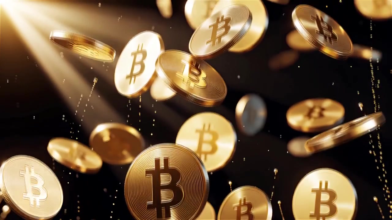Bitcoin in rotazione su sfondo nero drammatico 4k