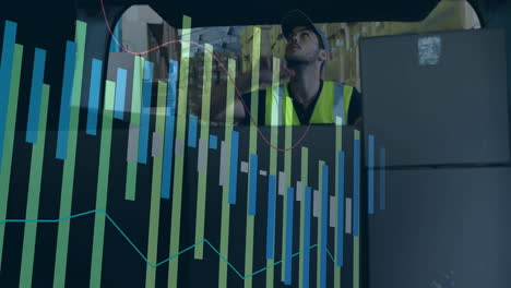 animación del procesamiento de datos financieros sobre caucásicos repartidor cajas de embalaje