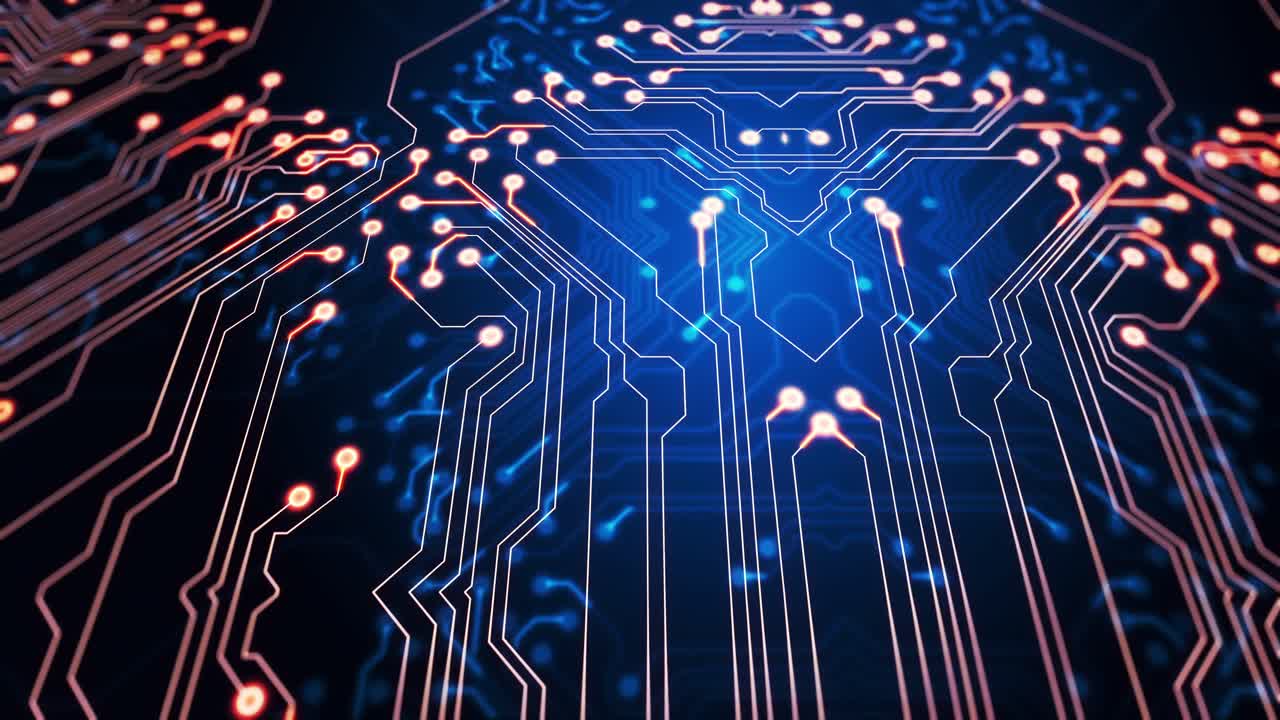 컴퓨터 회로판 위에서 움직이는 빛의 흔적의 애니메이션