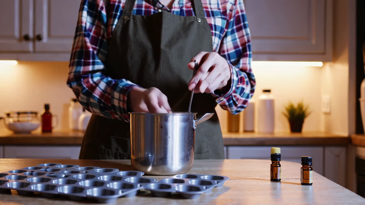 Woman Making Homemade Candles in Kitchen