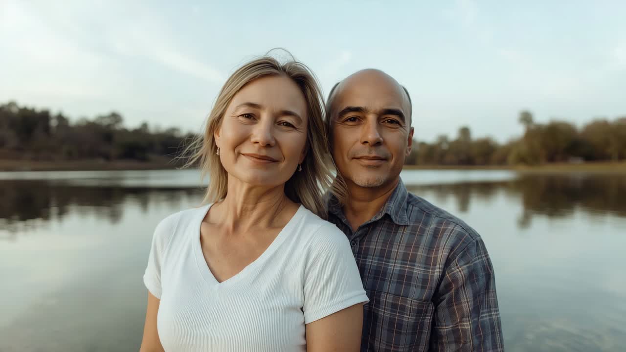 Leaning back couple standing by calm lake and trees, sharing moment, wearing white tee, plaid shirt