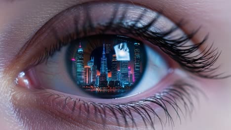 a captivating reflection: a close-up of an eye featuring a stunning nighttime cityscape in its iris, symbolizing vision and urban beauty