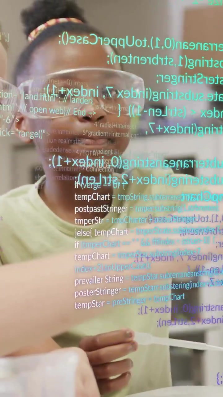 Center girl reaching for tube, inspecting, pipetting for lab while code overlay growing over scene