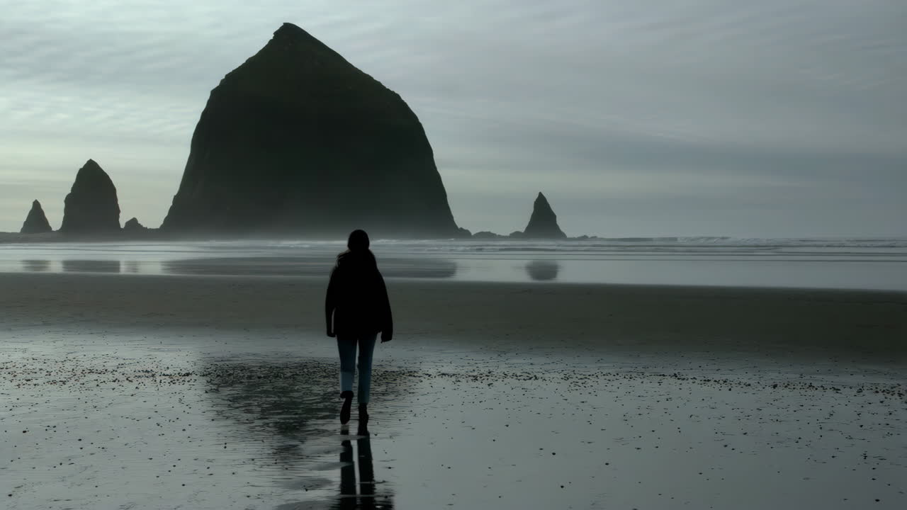 Person walking on a moody beach towards a large rock formation