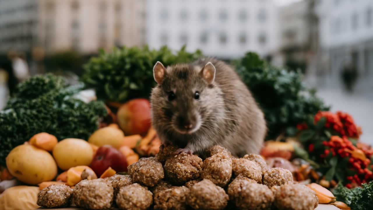 Un affascinante roditore che esplora una deliziosa esposizione di frutta fresca e prelibatezze a base di noci in un vivace ambiente di mercato, evidenziando l'abbondanza della natura e la curiosità della fauna selvatica.