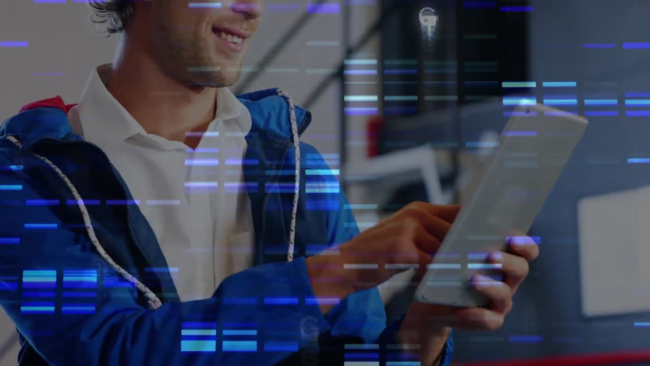 animación de luces azules sobre hombre caucásico feliz usando tableta