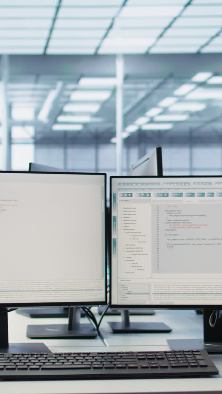 Multiple Computer Monitors Displaying Code in a Modern Office
