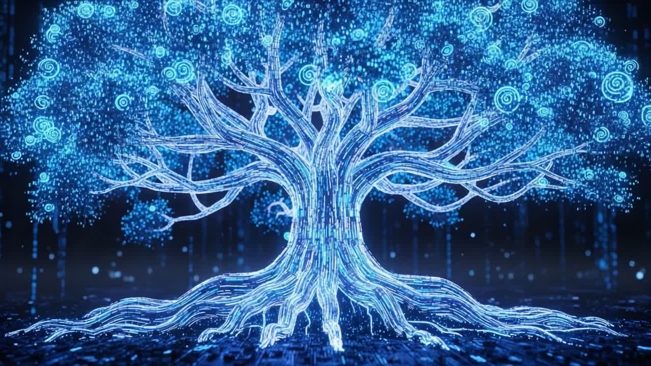 A mesmerizing digital representation of a tree, illuminated in brilliant blue, symbolizing the connection between nature and technology through intricate data visualization