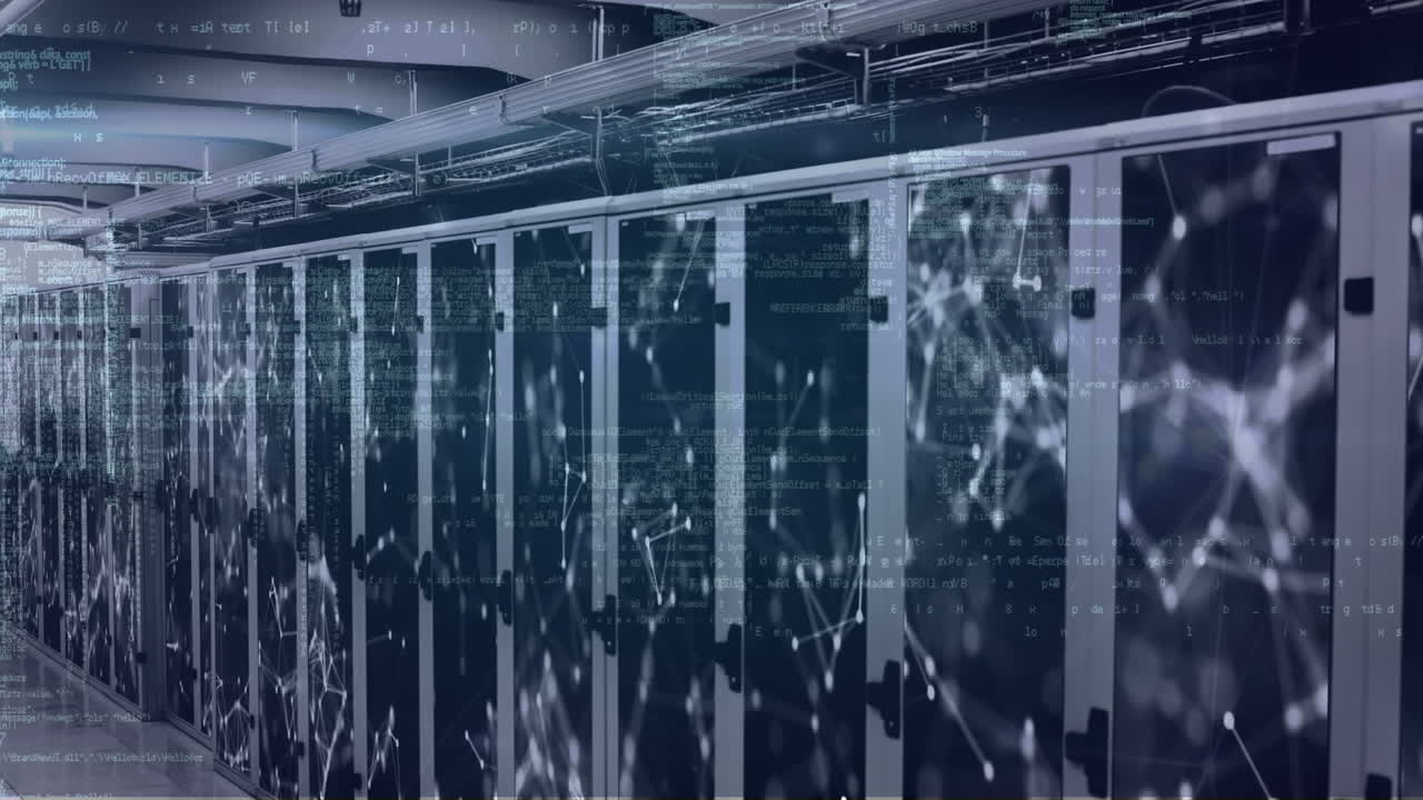 Animation of computer language and connected dots over server room in background