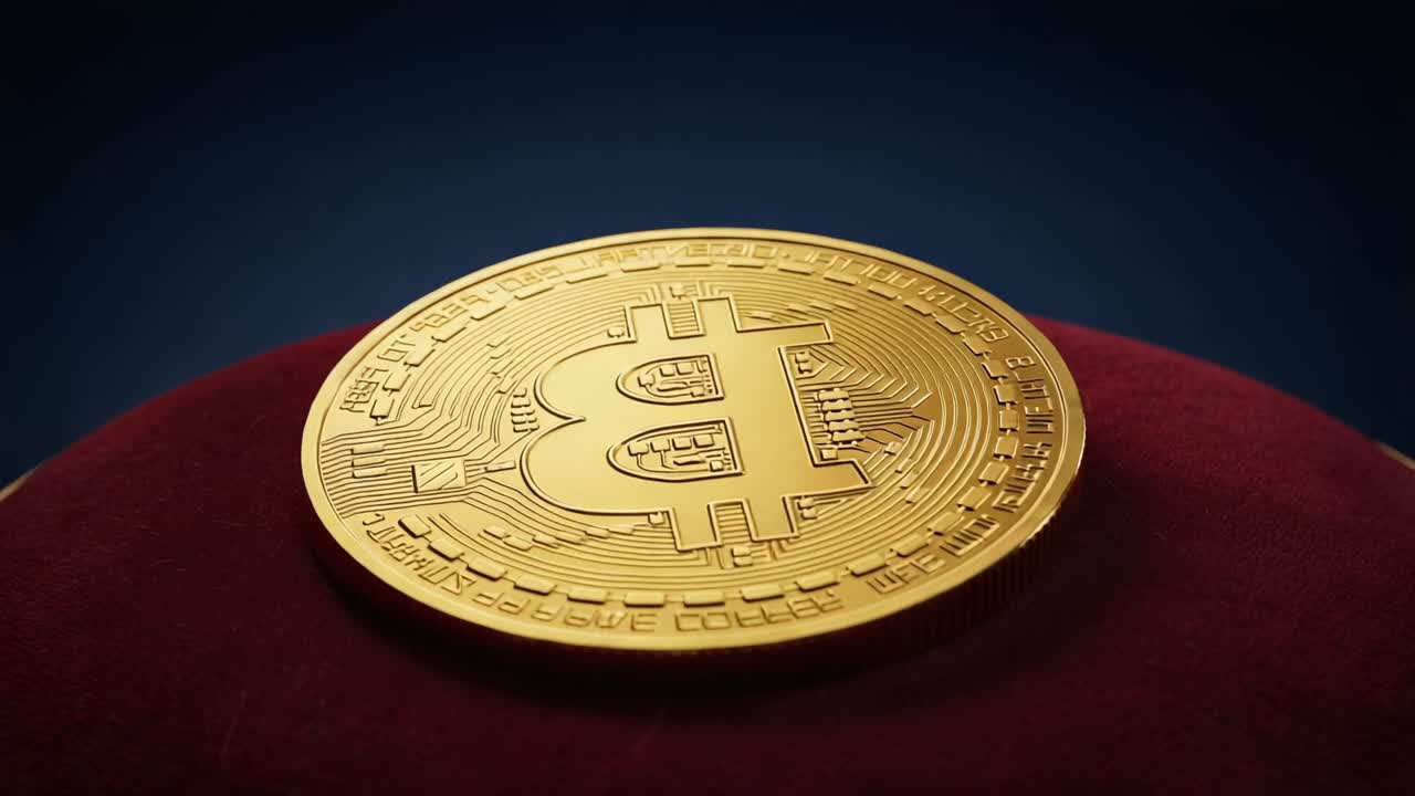 An Elegant Presentation of a Golden Bitcoin Coin Displayed Prominently on a Plush Velvet Cushion in a Softly Lit Environment