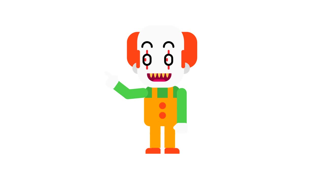 el payaso se alegra y señala con el dedo. personaje de halloween. canal alfa.