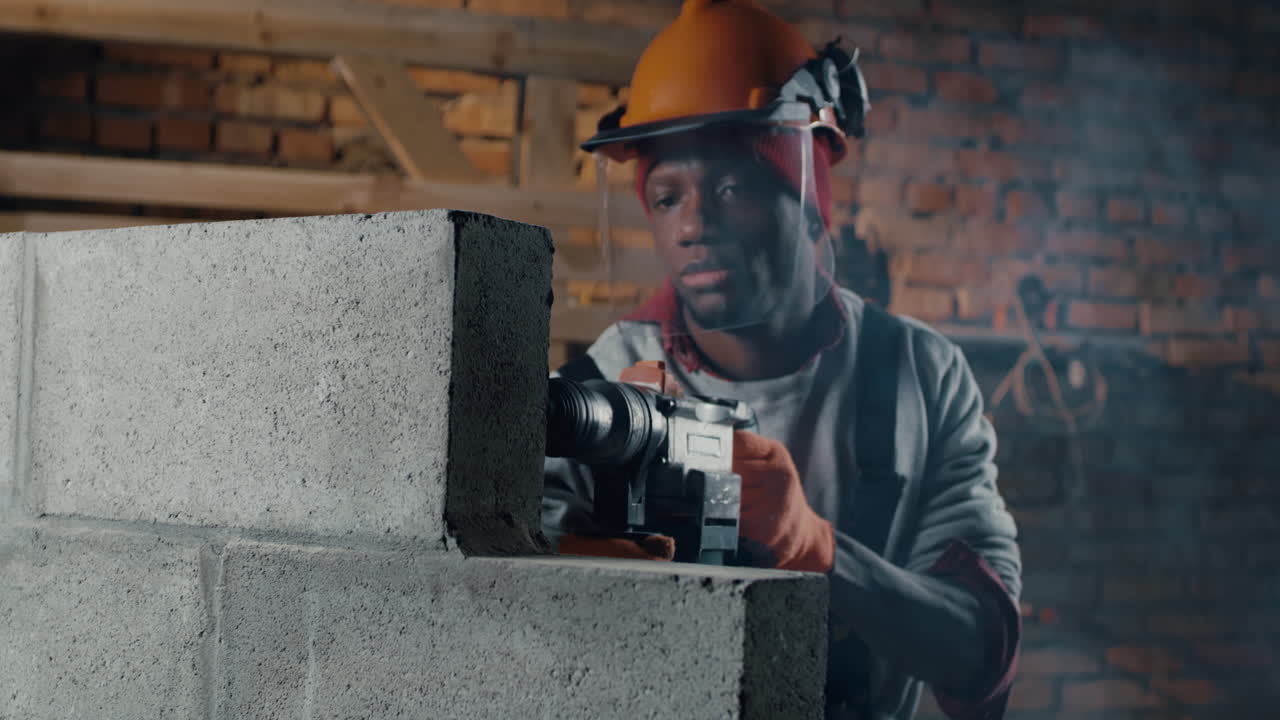 Construction Worker Drilling Concrete Block