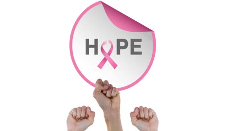 Animation-of-pink-ribbon-logo-with-hope-text-over-raised-fists