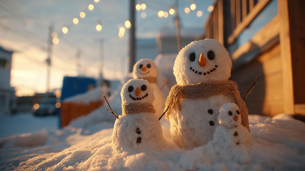 Charming Winter Scene Featuring Adorable Snowmen with Smiling Faces and Cozy Scarves Illuminated by Twinkling String Lights Against a Winter Sunset Background