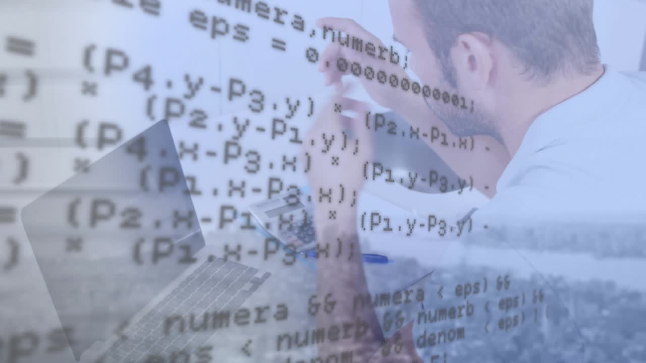 Animation of data processing over tired caucasian man working with laptop