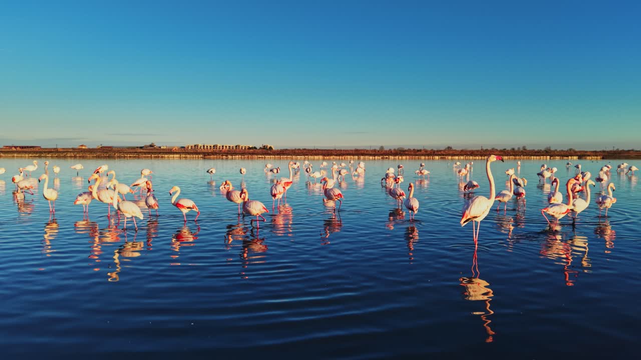 Flamingos standing together in water under clear sky with reflections