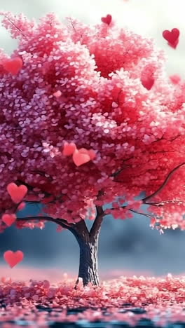 blossoms and hearts by tree. a beautiful pink tree stands amidst falling hearts, creating a romantic atmosphere in a dreamy landscape.