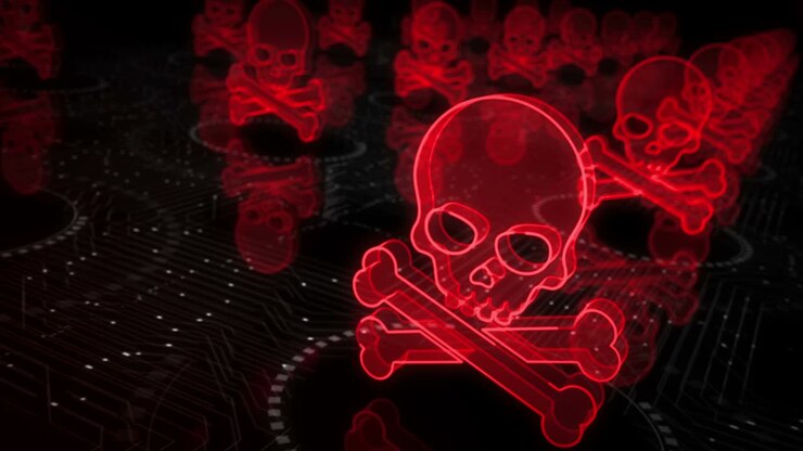 Skull pirate and online cyberattack symbols loop cyber concept