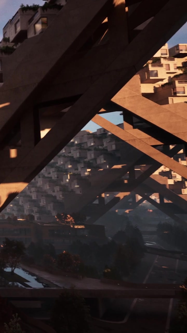 Modern building design at sunset in urban setting with architectural features