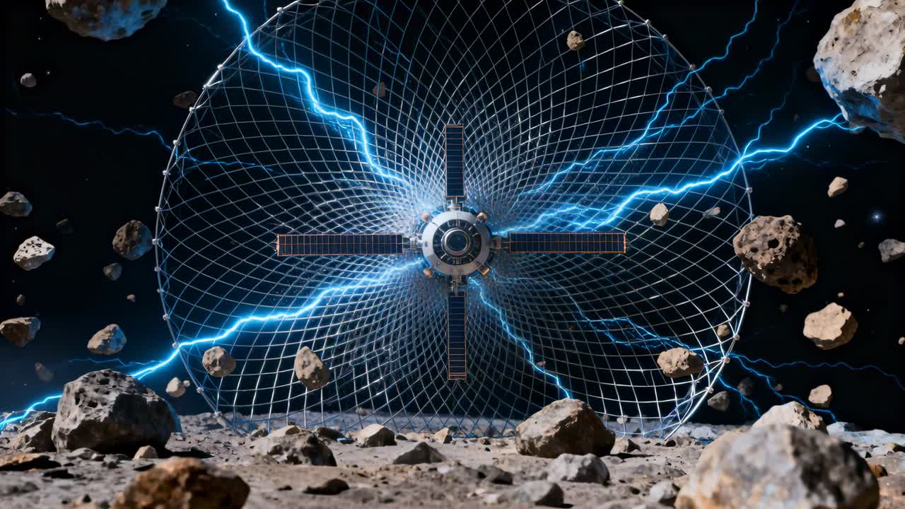Powering up central hub with four arms sending blue plasma arcs across mesh on asteroid surface