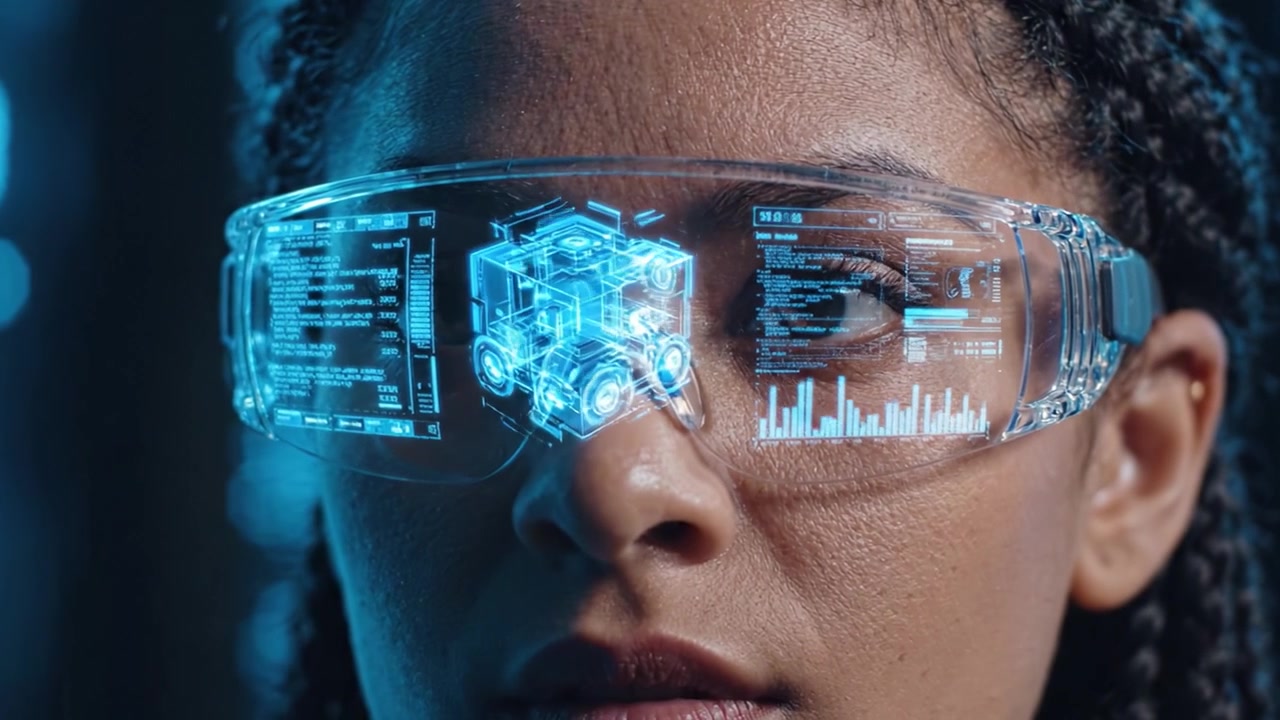A close-up view of a futuristic individual wearing advanced augmented reality glasses that display intricate data and holographic visuals, showcasing innovation in technology.