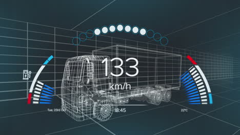 animación del velocímetro, el gps y los datos del estado de carga en la interfaz del vehículo, en un modelo de camión 3d