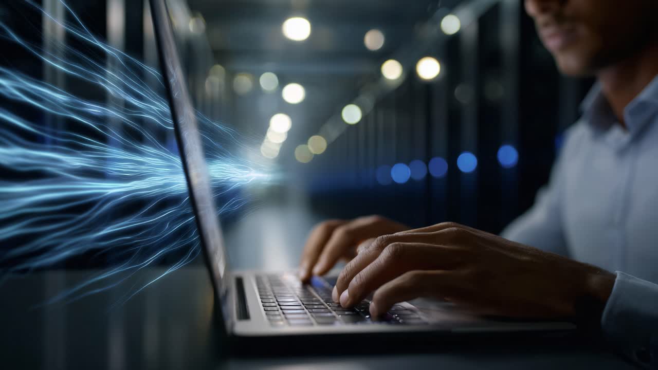 A focused individual works on a laptop in a high-tech environment, illuminated by blue light, symbolizing data transfer and advanced technology interaction