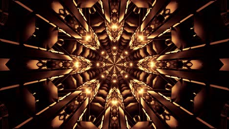 Dark-scifi-tunnel-of-reflecting-bronze,-orange-walls