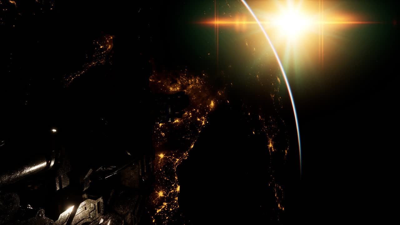 vuelo de la estación espacial en el fondo del sol naciente