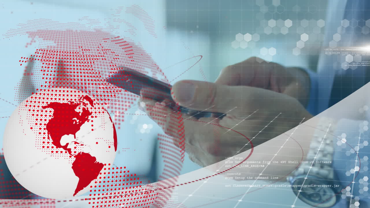 animación del procesamiento de datos financieros sobre un empresario caucásico que usa un teléfono inteligente