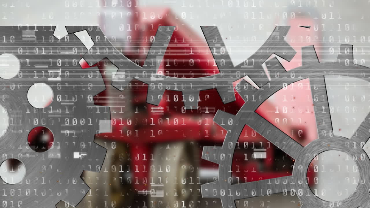 анимация обработки данных и зубчатых колес над складом.