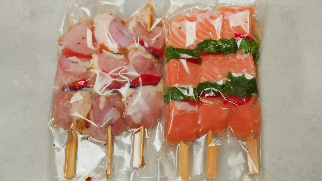 Variety of pre-portioned marinated skewers