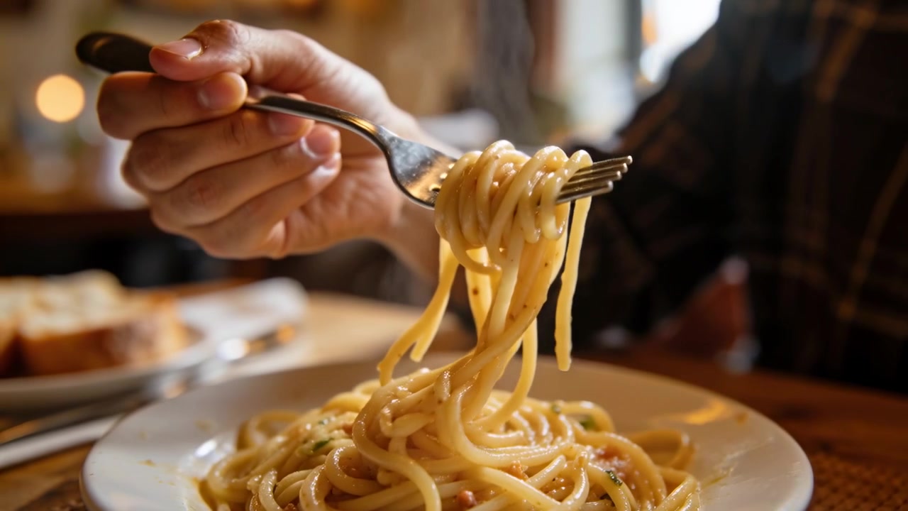 Uomo in camicia a quadri che avvolge gli spaghetti con la forchetta e mangia al ristorante, con del pane.