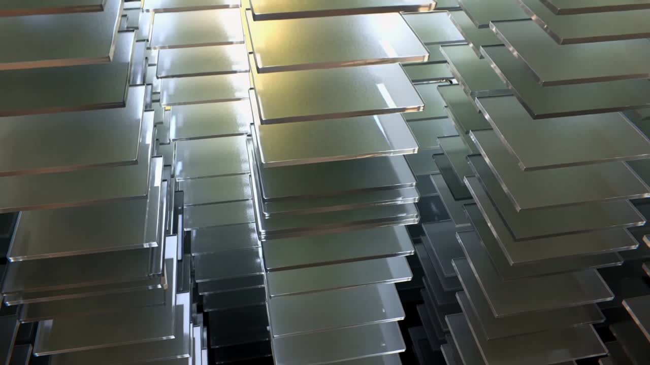 Telecamera che si allontana nel design, con pannelli impilati che riflettono luce calda, mostrando profondità per i designer.
