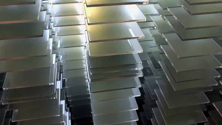 Camera pulling back in design, stacked panels reflecting warm light, showing depth for designers