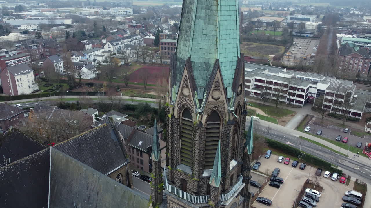 High-angle view of a church tower in a European town