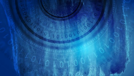 dark blue moving round binary code on grunge watercolor background