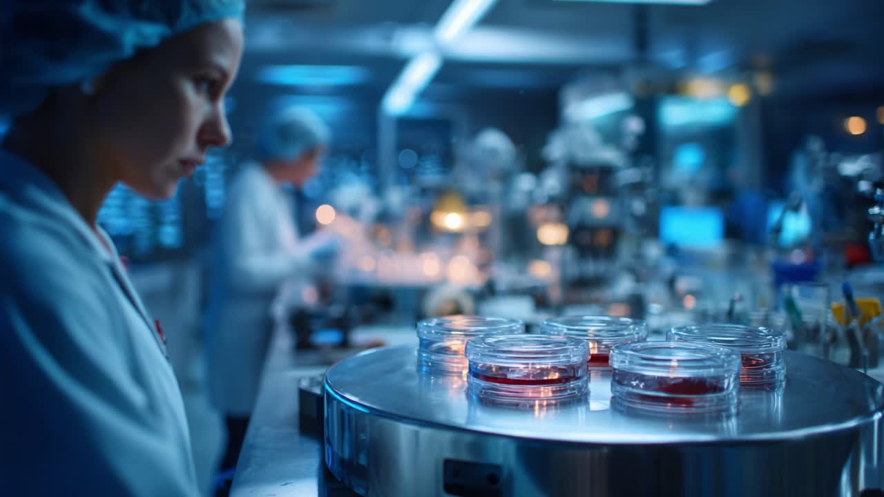 Inside a High-Tech Laboratory: A Scientist Analyzes Cell Cultures in Petri Dishes Under Bright Lights, Focused on Groundbreaking Research Advancements in Science