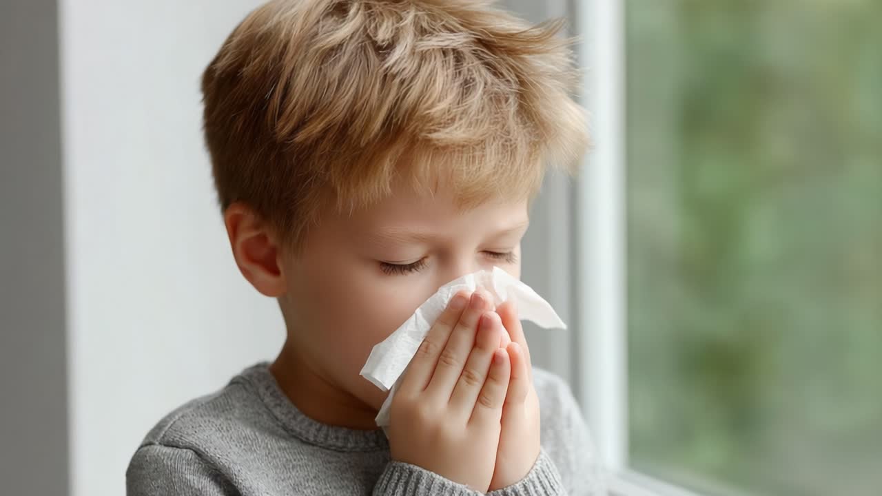 A Young Child with a Tissue Reflects on an Emotional Moment by the Window, Signifying Vulnerability and Tenderness in a Quiet Atmosphere
