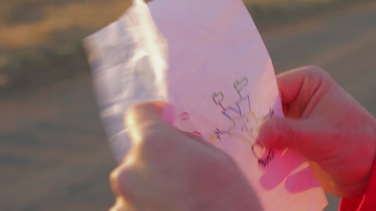 남자는 주머니에서 그려진 그림을 꺼내서 보기 위해 그것을 연다