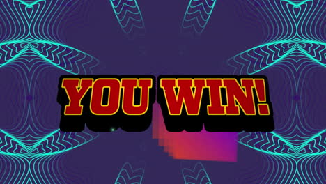 animation of you win text over retro speech bubble against kaleidoscope patterns on blue background