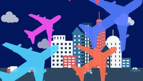 Animation-of-colorful-planes-flying-over-city-on-dark-blue-background