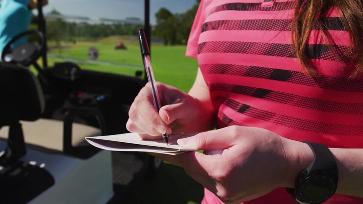 Due donne caucasiche che giocano a golf, una che scrive su un quaderno.